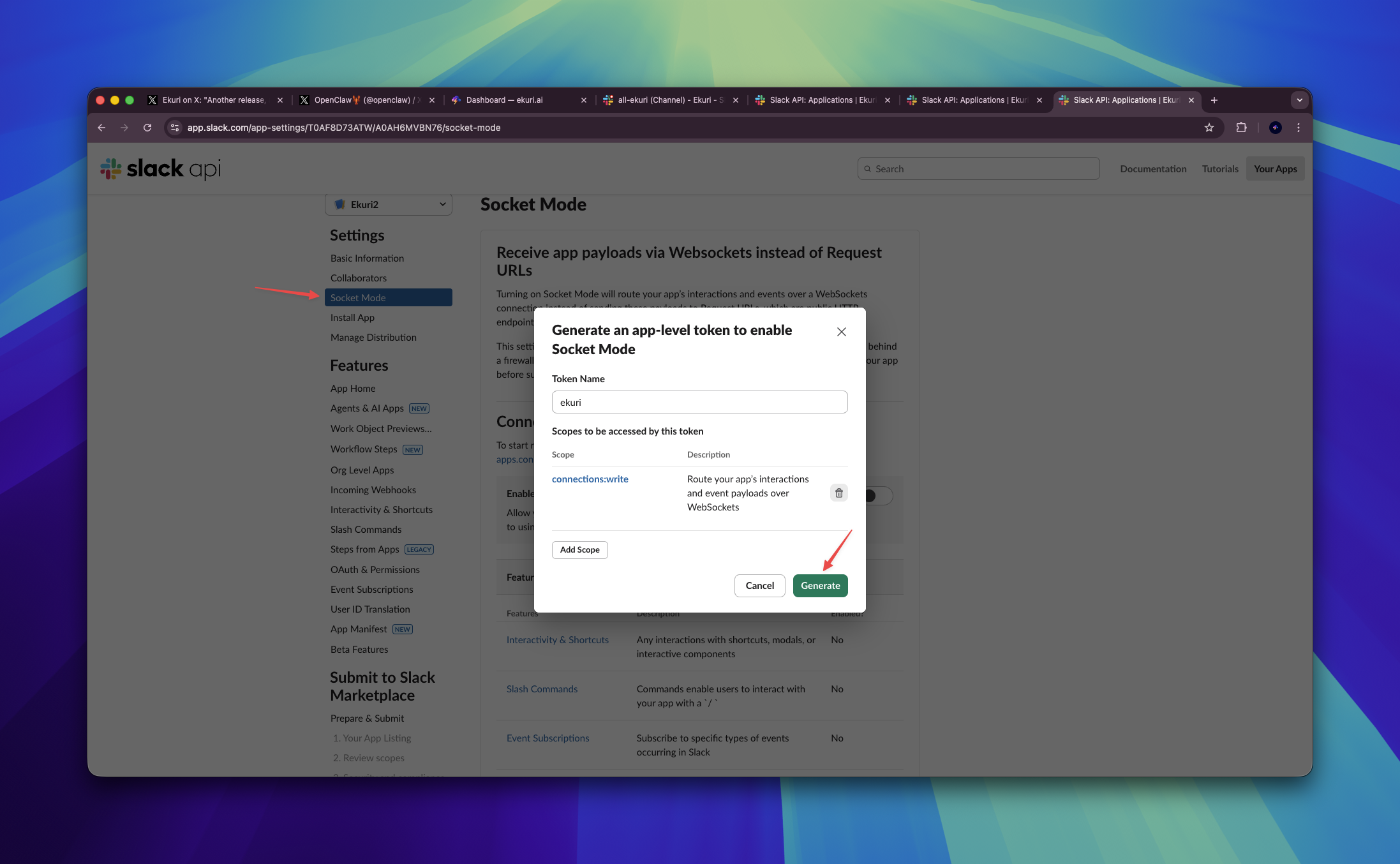 Generate an app-level token with connections:write scope