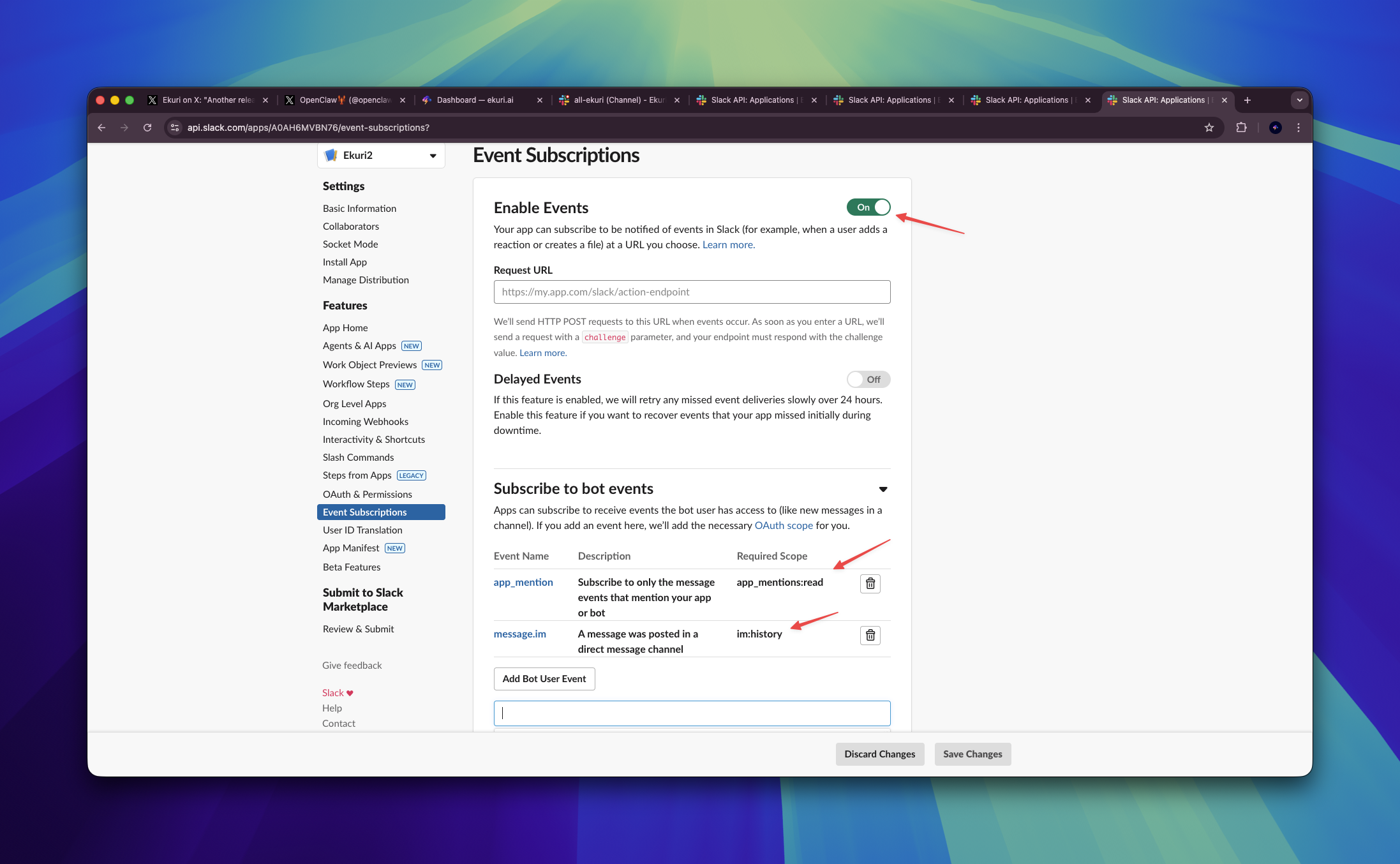Enable Events and subscribe to app_mention and message.im