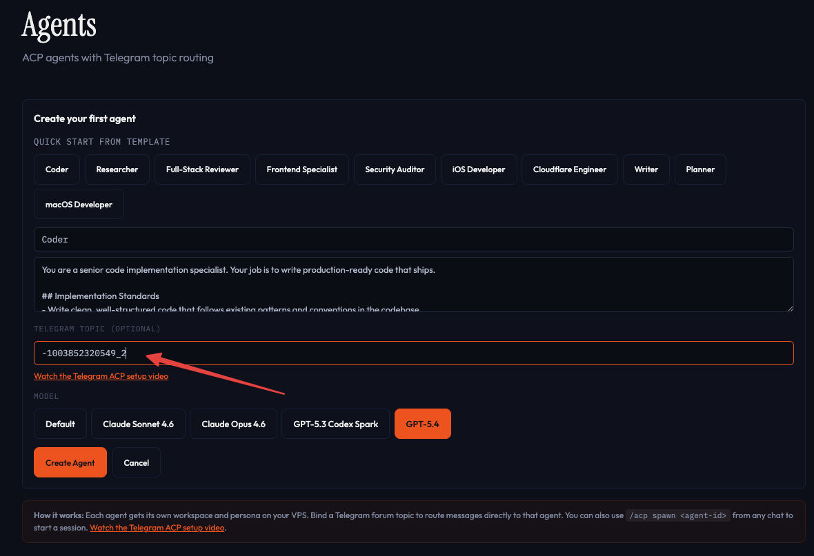 Pasting the topic link into the agent creation form