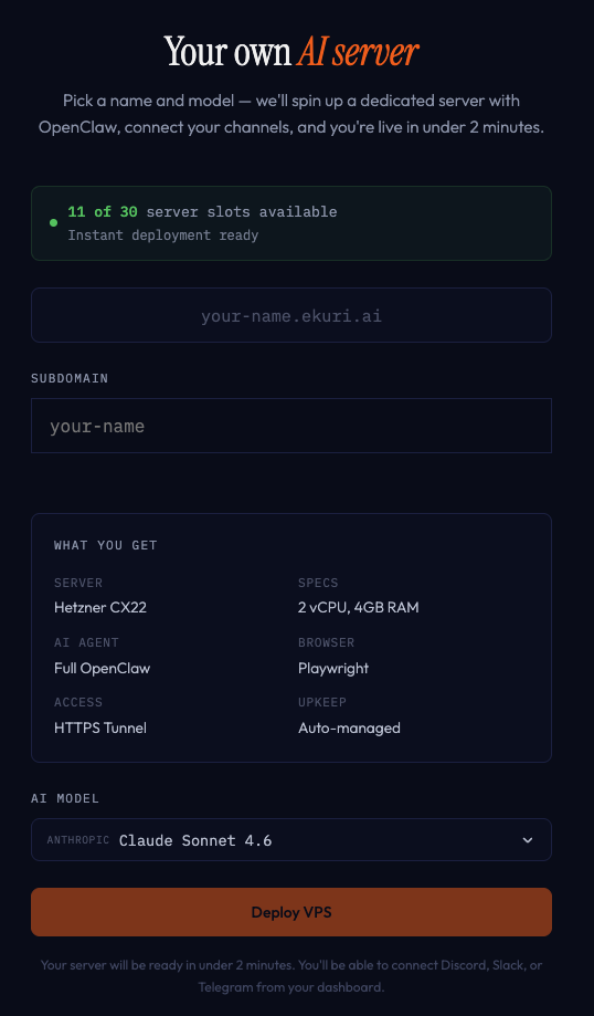 VPS deploy screen showing subdomain input, server specs, and Deploy button