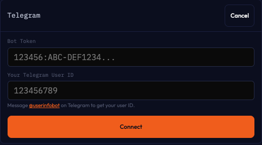 Telegram connection form with Bot Token and User ID fields